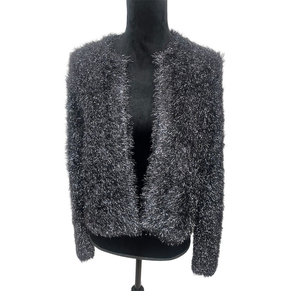 Ann Taylor Cardigan Sweater Womens Size L‎ Black Silver Purple Metallic Shimmer